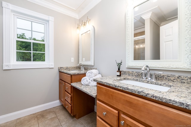 9 Tall Wood Dr, East Hampton, CT 06424 - bathroom with ornamental molding, two vanities, tile patterned flooring, and baseboards