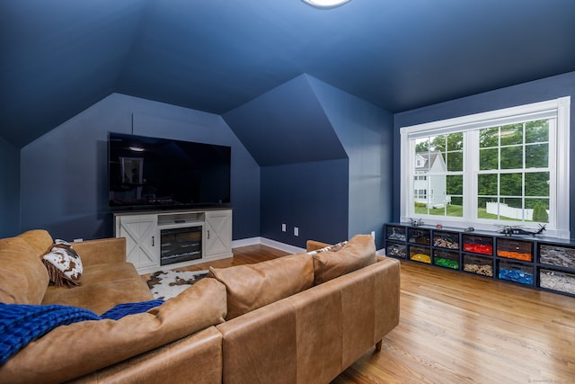 9 Tall Wood Dr, East Hampton, CT 06424 - living room with wood finished floors, lofted ceiling, and a glass covered fireplace