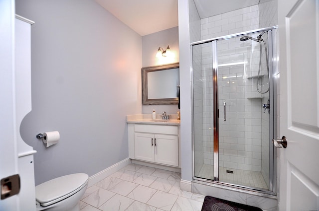 35 Ringgold St Unit 401, West Hartford, CT 06119 - bathroom featuring vanity, a shower stall, baseboards, and marble look tile flooring