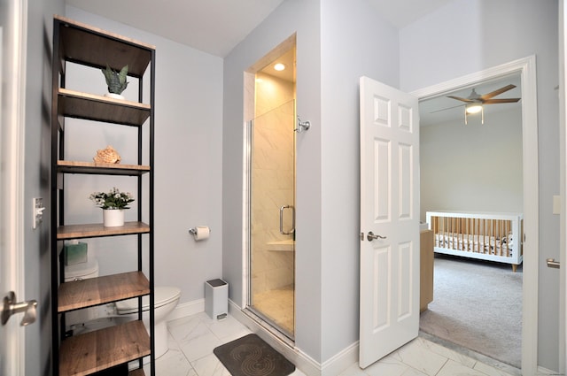 35 Ringgold St Unit 401, West Hartford, CT 06119 - bathroom with marble look tiles, baseboards, toilet, and a stall shower