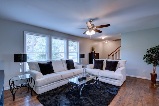 105 Scott St, Naugatuck, CT 06770 - living room featuring wood finished floors, ceiling fan, stairway, and baseboards