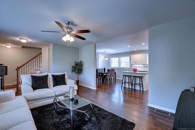 105 Scott St, Naugatuck, CT 06770 - living area featuring dark wood-style flooring, ceiling fan, stairs, baseboards, and recessed lighting