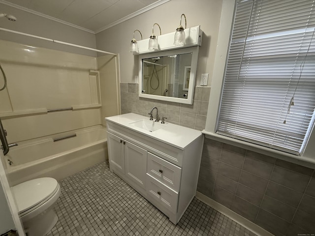 8 Cliff St, Naugatuck, CT 06770 - full bath with crown molding, toilet, tile patterned floors, washtub / shower combination, and vanity