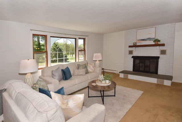 169 Brookfield St, South Windsor, CT 06074 - carpeted living area featuring a textured ceiling, a fireplace, and baseboard heating
