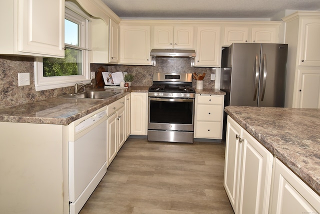 169 Brookfield St, South Windsor, CT 06074 - kitchen with appliances with stainless steel finishes, under cabinet range hood, a sink, light wood-style flooring, and dark countertops