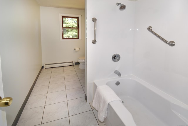 169 Brookfield St, South Windsor, CT 06074 - bathroom with a baseboard radiator, tile patterned flooring, toilet, washtub / shower combination, and baseboards