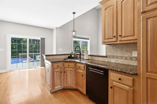 584 Meriden Ave Unit 1, Southington, CT 06489 - kitchen with dishwasher, a sink, light brown cabinets, light wood-type flooring, and backsplash