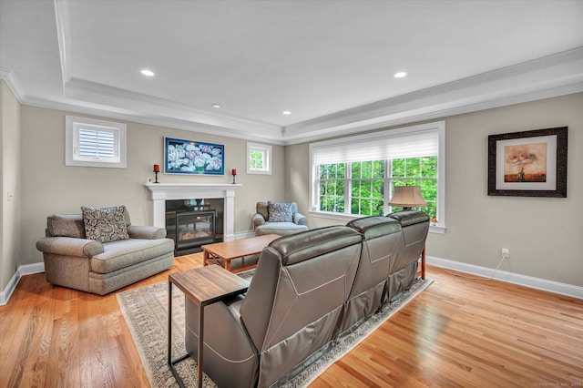 6 Mill Pond Ln Unit A, Simsbury, CT 06070 - living area featuring crown molding, light wood-style flooring, a raised ceiling, a glass covered fireplace, and baseboards