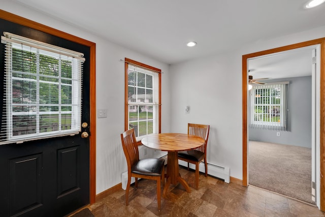 40 W View Dr, Enfield, CT 06082 - dining room featuring baseboards, recessed lighting, a ceiling fan, and a baseboard radiator