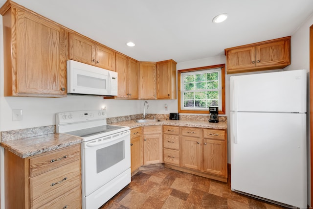 40 W View Dr, Enfield, CT 06082 - kitchen with white appliances, light countertops, a sink, stone finish flooring, and recessed lighting