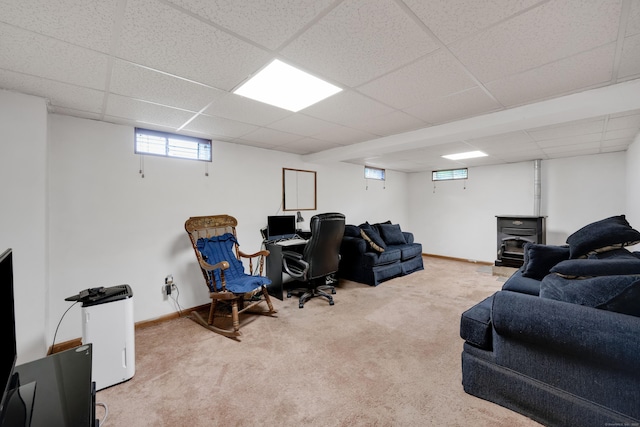 40 W View Dr, Enfield, CT 06082 - office space with carpet, a wood stove, a drop ceiling, and baseboards