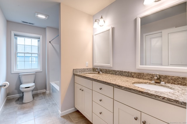 2 Linden Ct, Southington, CT 06489 - bathroom featuring toilet, double vanity, baseboards, shower / bath combination, and tile patterned flooring