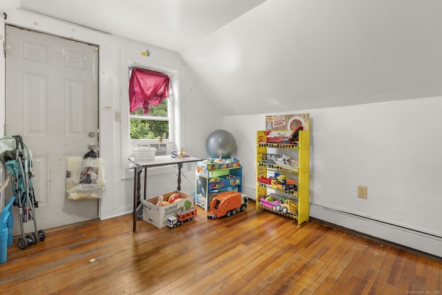 171 Frank St, New Haven, CT 06519 - rec room with lofted ceiling, hardwood / wood-style floors, and baseboard heating