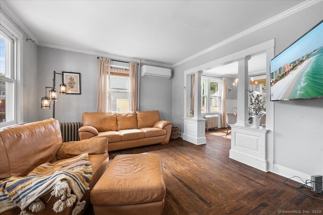 76 Geer Ave, Norwich, CT 06360 - living area with decorative columns, an AC wall unit, radiator heating unit, crown molding, and dark wood-style floors
