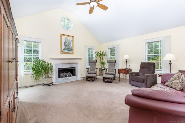 17 Saint George Pl Unit 17, Newtown, CT 06482 - carpeted living area featuring ceiling fan, a fireplace, and high vaulted ceiling