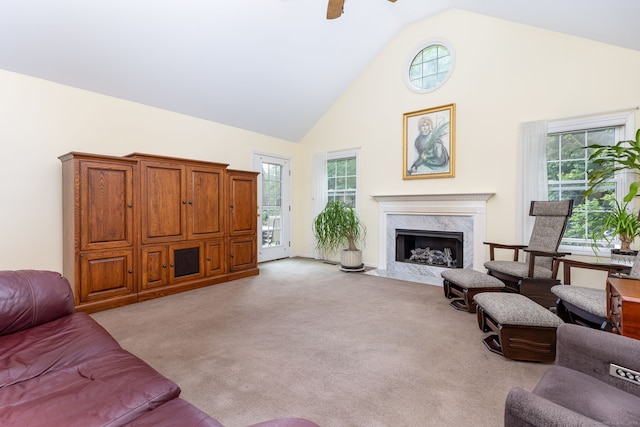 17 Saint George Pl Unit 17, Newtown, CT 06482 - living area with high vaulted ceiling, light colored carpet, healthy amount of natural light, a premium fireplace, and a ceiling fan