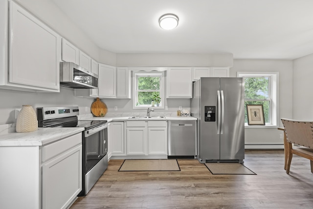 63 Bidwell St, Middletown, CT 06457 - kitchen featuring stainless steel appliances, a sink, a baseboard radiator, and plenty of natural light