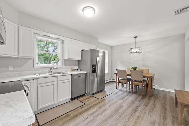 63 Bidwell St, Middletown, CT 06457 - kitchen featuring stainless steel appliances, a sink, white cabinets, light wood finished floors, and decorative light fixtures