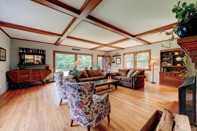 96 Middle Haddam Rd, East Hampton, CT 06456 - living area with coffered ceiling, hardwood / wood-style flooring, plenty of natural light, beam ceiling, and wainscoting