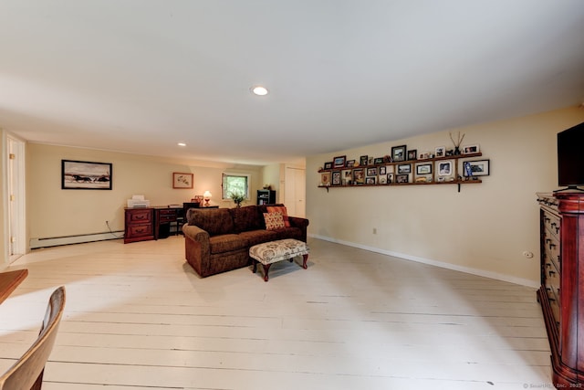 96 Middle Haddam Rd, East Hampton, CT 06456 - living room with a baseboard heating unit, recessed lighting, light wood-type flooring, and baseboards