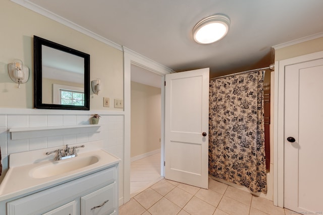 96 Middle Haddam Rd, East Hampton, CT 06456 - bathroom featuring tile patterned flooring, vanity, ornamental molding, tile walls, and a shower with shower curtain