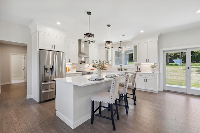 6 Turnpike Rd, Somers, CT 06071 - kitchen featuring stainless steel appliances, wall chimney exhaust hood, glass insert cabinets, white cabinets, and recessed lighting