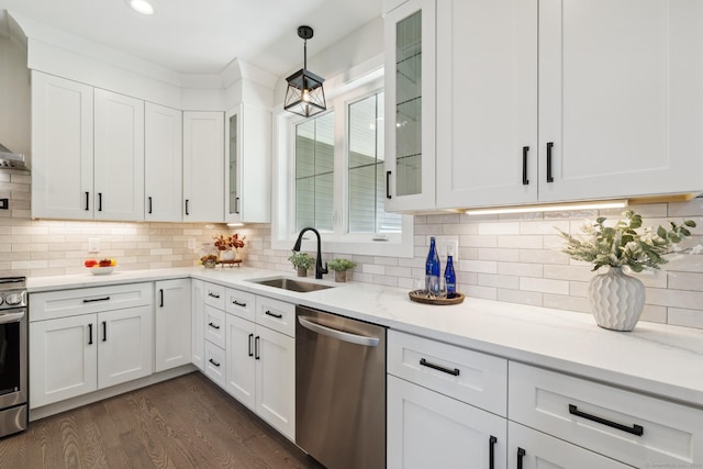 6 Turnpike Rd, Somers, CT 06071 - kitchen with stainless steel appliances, a sink, white cabinetry, dark wood-style flooring, and recessed lighting