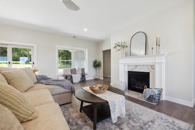 6 Turnpike Rd, Somers, CT 06071 - living area with baseboards, a premium fireplace, wood finished floors, recessed lighting, and a ceiling fan