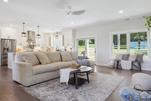 6 Turnpike Rd, Somers, CT 06071 - living room featuring a ceiling fan, recessed lighting, baseboards, and dark wood-style flooring