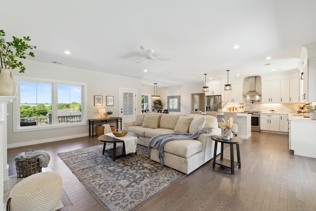 6 Turnpike Rd, Somers, CT 06071 - living room with ceiling fan, dark wood-style flooring, recessed lighting, and baseboards