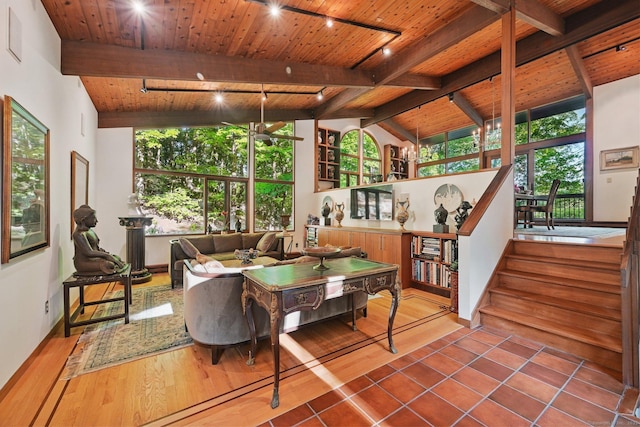 25 Ketcham Rd, Ridgefield, CT 06877 - living area with wood ceiling, rail lighting, stairs, wood finished floors, and baseboards