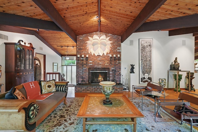 25 Ketcham Rd, Ridgefield, CT 06877 - living room featuring wood ceiling, wood finished floors, and a brick fireplace