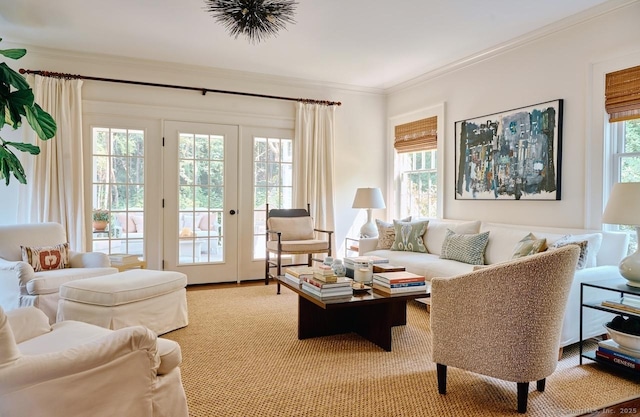 200 Sharon Mountain Rd, Sharon, CT 06069 - living room featuring ornamental molding and french doors