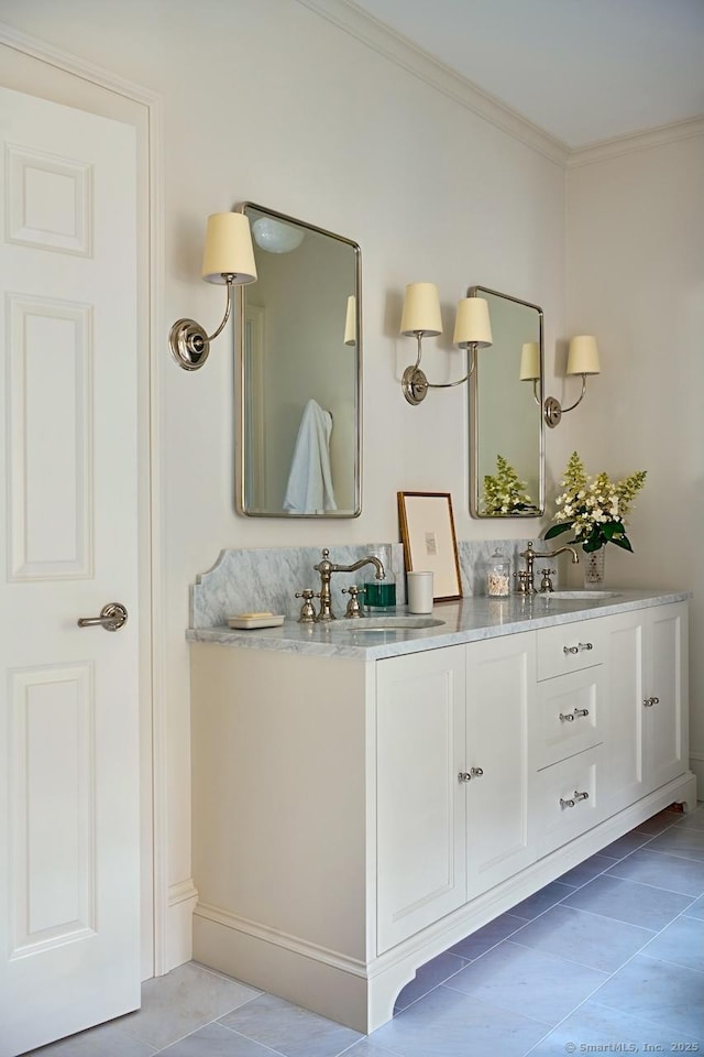 200 Sharon Mountain Rd, Sharon, CT 06069 - bathroom with tile patterned flooring, crown molding, and double vanity