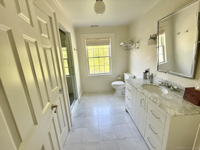 200 Sharon Mountain Rd, Sharon, CT 06069 - bathroom with vanity, crown molding, toilet, baseboards, and a stall shower