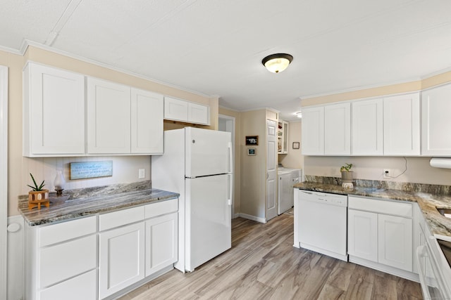 24 Boulder Trl, Killingworth, CT 06419 - kitchen with white appliances, washer and dryer, ornamental molding, and white cabinets