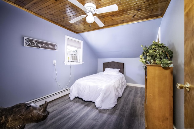 156 Ballamahack Rd, Windham, CT 06280 - bedroom featuring baseboard heating, wooden ceiling, vaulted ceiling, wood finished floors, and cooling unit