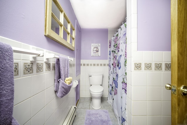 156 Ballamahack Rd, Windham, CT 06280 - full bathroom with tile walls, tile patterned flooring, wainscoting, a shower with curtain, and a baseboard radiator