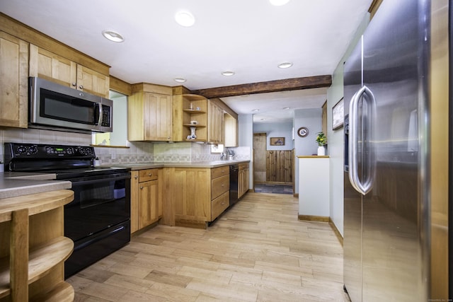 156 Ballamahack Rd, Windham, CT 06280 - kitchen featuring black appliances, open shelves, light wood-style floors, tasteful backsplash, and recessed lighting