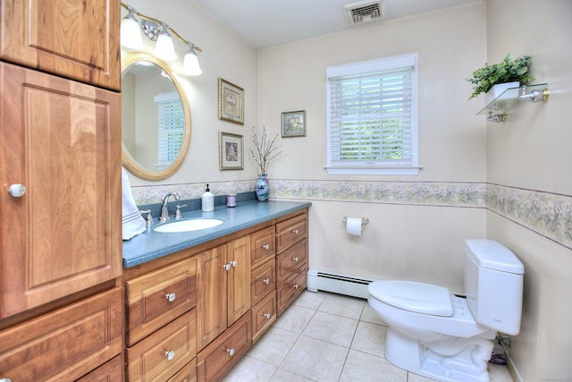 85 Oakridge Rd, Trumbull, CT 06611 - bathroom with a baseboard radiator, tile patterned flooring, toilet, vanity, and wainscoting