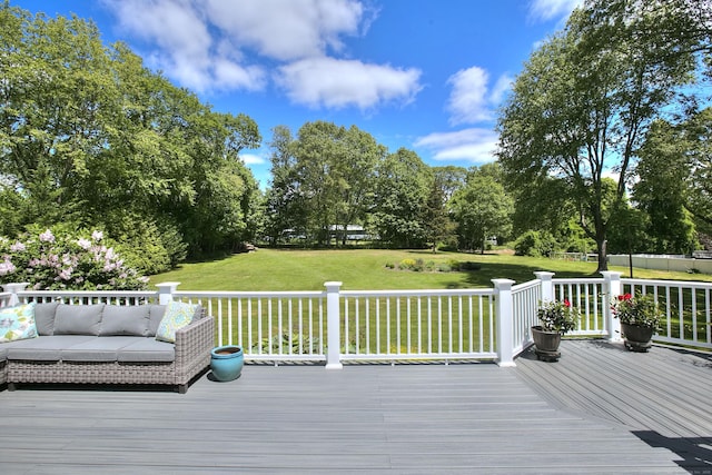 85 Oakridge Rd, Trumbull, CT 06611 - wooden terrace with a lawn, an outdoor living space, and view of scattered trees