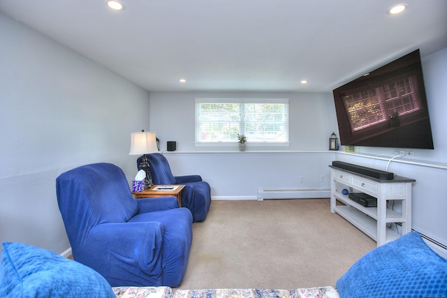 85 Oakridge Rd, Trumbull, CT 06611 - living room featuring baseboard heating, recessed lighting, carpet flooring, and baseboards