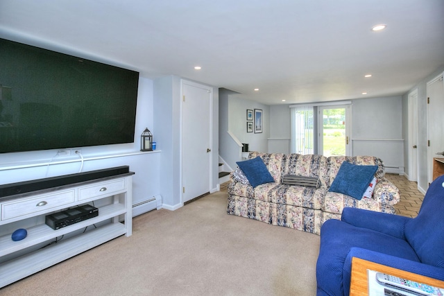 85 Oakridge Rd, Trumbull, CT 06611 - carpeted living room featuring stairs, a baseboard radiator, recessed lighting, and baseboards