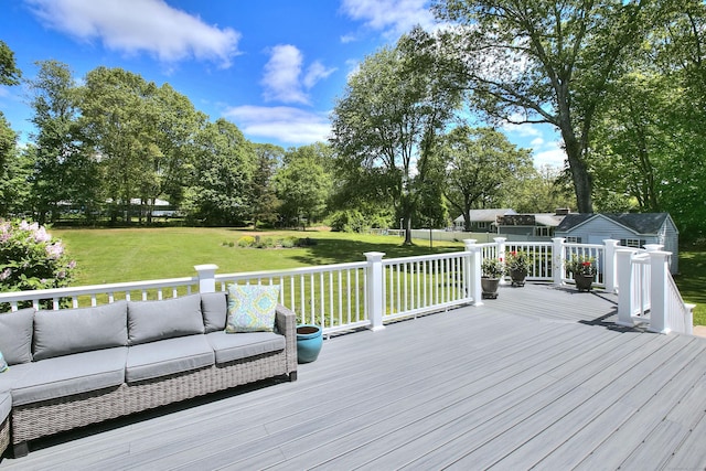 85 Oakridge Rd, Trumbull, CT 06611 - deck with an outdoor hangout area, a lawn, and view of wooded area