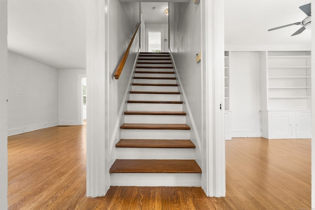 10 Paddock Pl, Milford, CT 06461 - staircase featuring a ceiling fan, wood finished floors, baseboards, and built in shelves