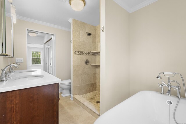 10 Paddock Pl, Milford, CT 06461 - bathroom featuring a freestanding tub, a tile shower, tile patterned flooring, ornamental molding, and toilet