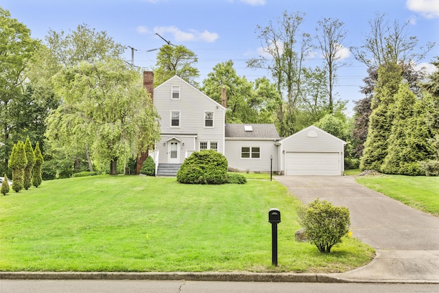 10 Paddock Pl, Milford, CT 06461 - view of front of property with an outdoor structure, a chimney, asphalt driveway, a front yard, and a garage
