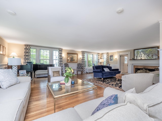 304 Main St, Ridgefield, CT 06877 - living area featuring radiator heating unit, a fireplace, and wood finished floors