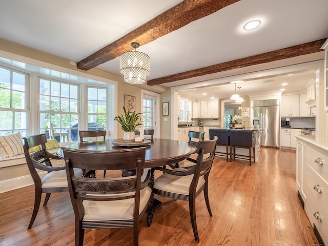 304 Main St, Ridgefield, CT 06877 - dining room featuring beamed ceiling, light wood-style floors, and recessed lighting