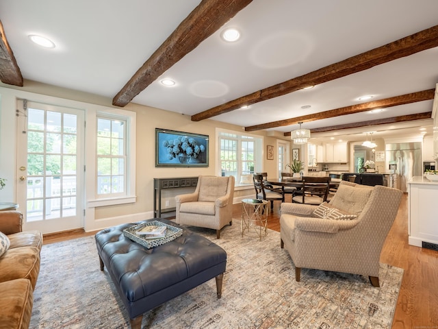 304 Main St, Ridgefield, CT 06877 - living area featuring recessed lighting, light wood-style floors, beamed ceiling, and baseboards